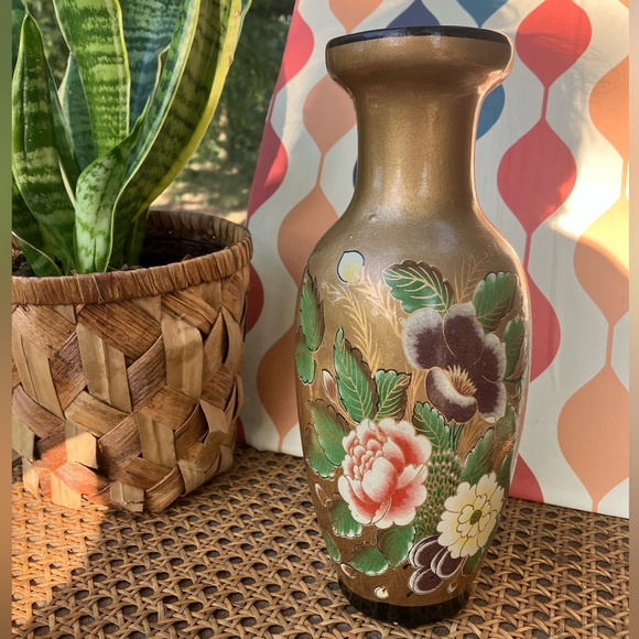 Unique Vintage Other - Golden Chinoiserie Painted Peonies Ceramic Vase